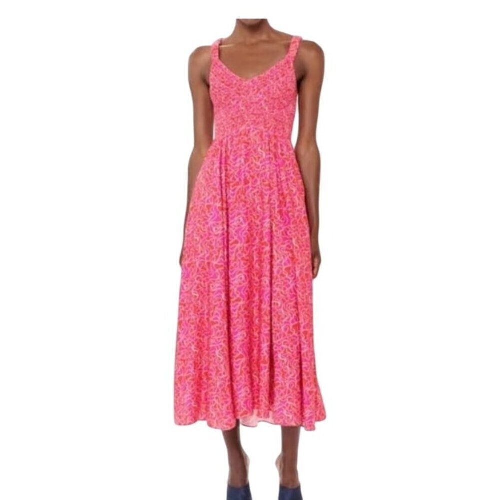 LA LIGNE New York smocked midi dress Sun dress colorful Pink & Red women’s XS